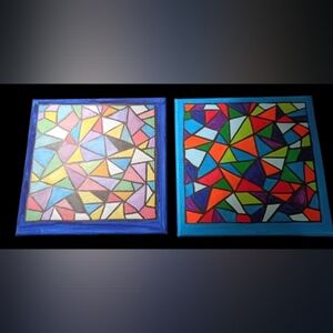 Handpainted Set Of 2 Colorful Geometric Art Canvas Set Wall Decor Signed 8x8"